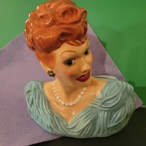 Vintage Ceramic Bust 1990's Lucille Ball with Red Hair and Blue Dress Coin Bank